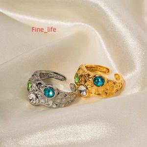 New Arrival Colorful AAA Zirconia Natural Stone Chunky Hammered 18K Gold Plated Stainless Steel Opening Rings