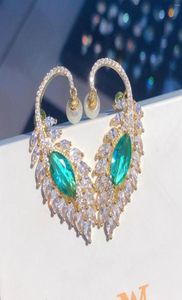 Stud Earrings Gold Color Peacock Feather Green Zircon Retro Luxury Silver Earring Bridal Engagement Wedding Jewelry7010317