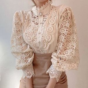 Vintage białe koronkowe koszule bluzki kobiety Koreańskie guziki luźne koszulki żeńskie puste damki bluzki Blusas 12419 240219