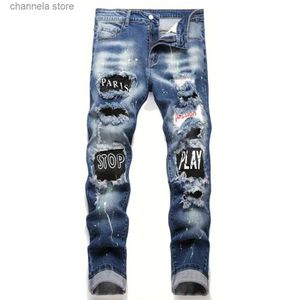 Men's Jeans Men y2k Stretchy Denim jeans Ripped Skinny Letter Print elastic waist Casual pants for men Hole Slim Fit Denim Hip Hop Trousers T240227