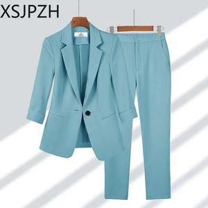 Womens Korean Chic Blazers Coat Pants 2 Piece Female Professional Suit Spring Summer Elegant Jacket Matching Set 240219