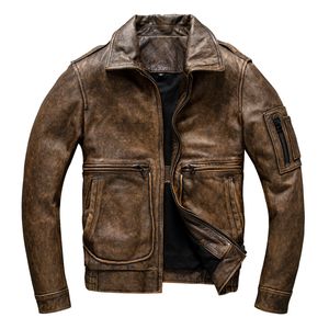 Retro genuine leather jacket for men motor biker coat outerwear overcoat brown tops spring autumn clothing