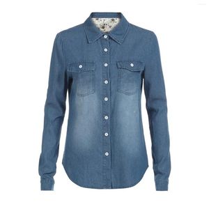 Blusas femininas outono feminino lapela botão azul mangas compridas denim jean camisas bolso magro jeans tops blusa plus size blusas mujer
