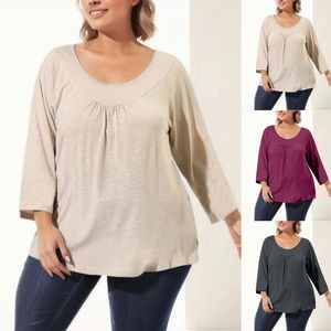 Kvinnors T -skjortor Lossa överdimensionerade bekväma blusfjockfjäder casual runda nacke veckade skjorta toppar fasta färger nio minuters ärm