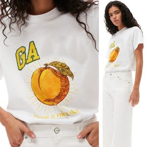 Designer feminino t camisa verão moda vintage carta fruta impressão em torno do pescoço solto algodão manga curta t-shirt 240227