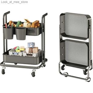 Shopping Carts 2-layer foldable rolling handcart metal multifunctional with lockable wheels storage for living room kitchen bathroom Q240227