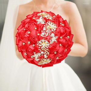 Flores decorativas vermelho noiva e dama de honra mão artesanal buquê de noiva decoração de festa de casamento