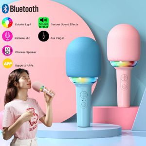 Microphones Karaoke Microphone Bluetooth Wireless Mic med Sound Box LED Light Portable Sing Machine For Home KTV Party Adult/Kid Presents