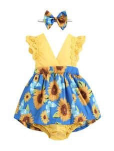 Jumpsuits 024M Cute Born Baby Girl Lace Sleeve Vneck Floral Skirted Romper Jumpsuit Headband 2PCS Summer Clothes6123882