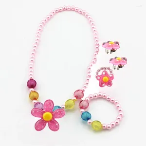 Colar brincos conjunto 4 pçs linda menina crianças sol flor pulseira anéis earclip imitação pérolas crianças conjuntos