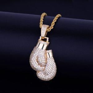 New Cubic Zirconia Bling Boxing Gloves Pendant Necklace Micro Paved 4 Colors Punk Hip Hop Jewelry2024
