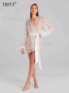 Vestidos casuais básicos elegantes strass lacta up mini vestido mulheres 2023 shinny v pescoço de manga longa dividir vestidos curtos