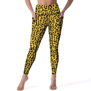 Pantaloni attivi Pantaloni gialli con stampa leopardata Yoga Donna Leggings stile vintage anni '80 Collant sportivi fitness con design a vita alta