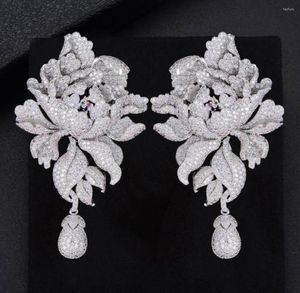 Dingle örhängen Godk 76mm lyx Peony Flower Blossom Cubic Zirconia Women Statement Long Drop Earring Wedding Party Bridal Fringe3319266