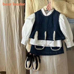 Clothing Sets Bear Leader Girls' Set 2024 Polo Neck Bubble Sleeve Shirt Denim Tank Top Short Skirt Three Piece Cute