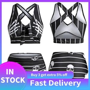 Kvinnors badkläder Kvinnor Bikini Set Push-Up Padded Gothic Skull Randig Print Cut Out Casual Tankini Beachwear Bathing Suit