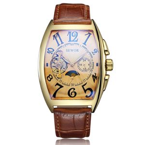 Relógio esqueleto vintage masculino, relógio de pulso mecânico automático, corda automática, pulseira de couro, fase da lua, relógio masculino 345z