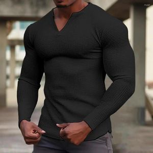 Męskie koszule T Mężczyźni V-Neck Slim Fit Top Solid Kolor T-shirt z długim rękawem V Szyfka Waffle Tekstura