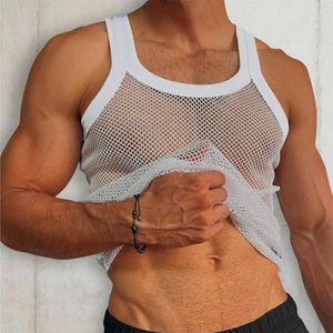 Men's Tank Tops Sexy See Through Mesh Men Summer Sleeveless Straps Crew Neck Vest For Mens Clothing Fashion Transparent Breathable Top