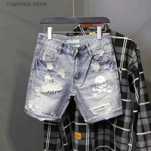 Men's Shorts New Summer 2022 Ripped Hole Beggar Short Pants Mens Personality Skeleton Skull Printed Korean Slim Fitting Cowboy Denim Shorts T240227