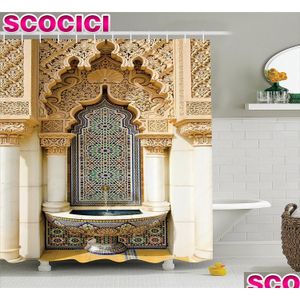 Cortinas de chuveiro decoração marroquina cortina de chuveiro vintage design de construção islâmica arte histórica exterior fachada mosaico imagem poli dhmw3