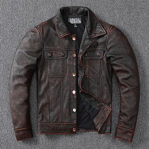 Men genuine leather jacket distressed motor biker jackets outerwear overcoat slim fit tops plus size 4xl brown male clothes