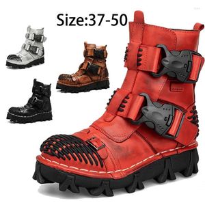 Boots Fashion Men Genuine Leather Motorcycle Winter Riding Military Combat Gothic Skull Punk Buckle Mid-calf