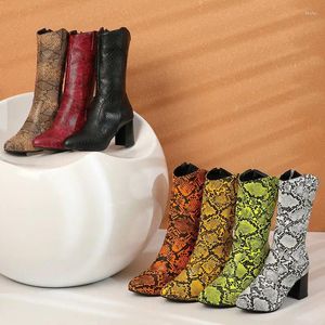 Stiefel Große Größe Damenschuhe 44 45 Mode Reißverschluss Schlangendruck Frauen Mittlere Wade Damen Dicke High Heel Herbst Winter Kurz