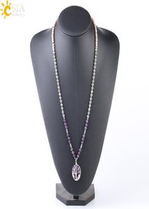 CSJA Natural Amethyst Gemstone Bead Long Necklace Feb Birthstone Crystal Jewelry for Women Energy Reiki Chakra Life Tree Stone Pen6185881