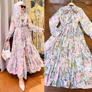 Ethnic Clothing Chiffon Print Abaya Elegant Women Muslim Long Sleeve Pleated Maxi Dress Turkey Arab Kaftan Party Eid Ribbons Ladies Vestido