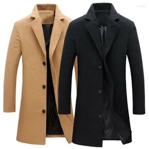 Casacos de trincheira masculinos único breasted lapela casaco longo jaqueta moda outono inverno casual casaco plus size lã cor sólida