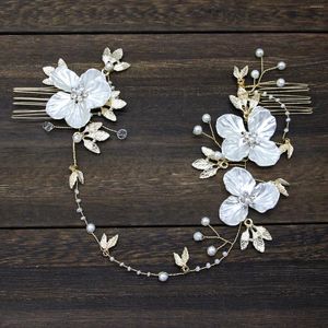Hårklipp brud bröllop blommor krona gyllene vinstockar smycken pärla hårband med kammar kvinnor flickor födelsedagsfest tillbehör