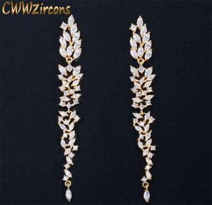 Cwwzircons Exquisit Düğün Tasarım Yaprak Hat Uzun Sarkla Damla Damla Küpe Takı Kübik Zirkonya Brincos Kadınlar İçin Bijoux CZ578 28777252