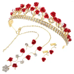 Halskette Ohrringe Set Kristall Rose Krone Braut Prinzessin Schmuck Mädchen Blume Stirnband Legierung Kinder Kopfbedeckungen