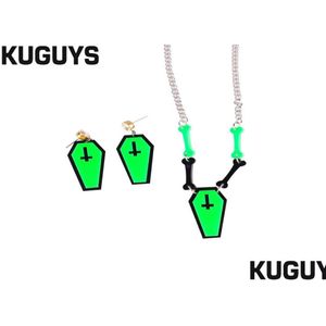 Pendant Necklaces Halloween Horror Jewelry Set Acrylic Neon Green Coffin Bone Drop Earrings Necklace Trendy Accessories8811035 Deliv Dhu5E