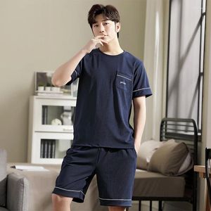 Indumenti da notte da uomo Estate Moda Uomo Pigiama Set manica corta O Collo Top Pantaloni Tinta unita 2024 Homewear Casual Blu L-4XL