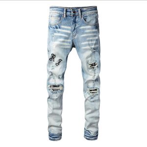 Men039s Jeans Amri Ripped Pants Fashion Hip Hop Blue Letter Printing Good Version High Street Youth Slim Fit Denim Elastic 2507