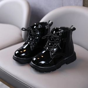Outdoor 2022 Boy Shoes Children'S Autumn Patent Leather lace Ankle Boots Baby Winter Toddler Boots Waterproof For Girl 1 2 3 4 5 6 Year