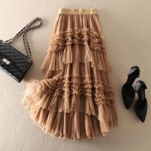 Bags New Elastic High Waist Mesh Cake Skirt Women Fashion Sweet Solid Color Spring Autumn Petticoat Tulle Pleated Skirt Female