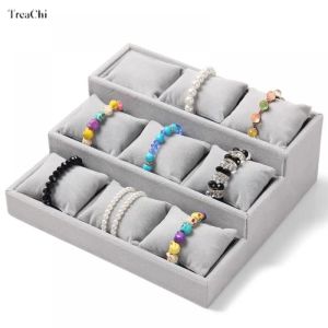 Colares de veludo 3 camadas pulseira bandeja de exibição de jóias 9 grade com travesseiro pulseira colar bandeja de armazenamento relógio organizador de jóias suporte