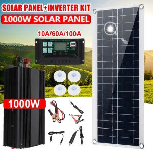 SOLAR 1000W 12V SOLAR PANEL INVERTER SOLAR PANEL SYSTEM KIT CAR VAN BOAT CAMPER Batteriladdare+1000W Inverterare Controller 10A/60A/100A