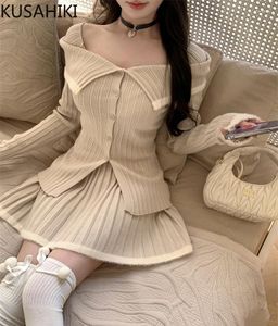 Work Dresses KUSAHIKI Fashion Girls Cardigan Sweater Sets High Waist Pleated Skrits Women Slim Sexy Sweet Spicy Two Pieces