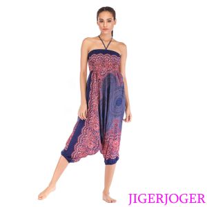 Outfit Jigerjoger Thai Big Round Mandala Royal Blue 2 In 1 Jumpsuits Harem Pants Strappy Halter Beach Loose Baggy Pants Yoga Leggings