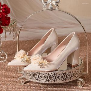 Dress Shoes Size 30-44 Chunky Heel Women Satin Pointed Solid Color Wedding Bride Bridesmaid 7cm High Heels