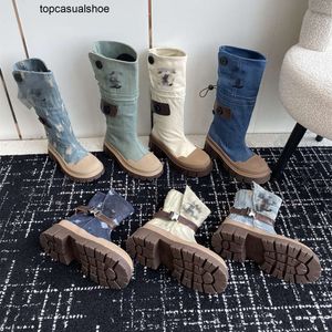 Blaue Chanelity-Stiefel, modische hohe Denim-Jeans für Damen, Doppelbuchstabe C, seitlicher Reißverschluss, knöchelhoher, kniehoher, hoher Stiefel, Designer-Plateau-Leinwandschuh, klobige Absätze