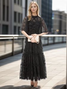 Runway High Quality Ladies New Summer Fashion Party Black Pink Mesh Ruffle Extravagant Pretty Celebrity Long Dresses For Women