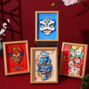 China-chic New Chinese Style Lion Awakening Brave in Year of the Loong Solid Wood Photo Frame Platform 3D Diy Decorative Painting Ornaments