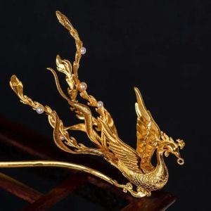 Gioielli Design originale Artigianato tridimensionale in oro antico Tiara di lusso di Phoenix Gioielli per capelli in stile etnico Accessorio per nappe Cheongsam