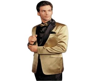 黒いピークラペルグルームタキシードマンブレザーウェディングビジネス服を着た光沢のあるゴールドサテンジャケット