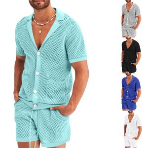 Summer Thin New T-shirt och Shorts Set, Mäns Solid Color Kort ärm med knappar